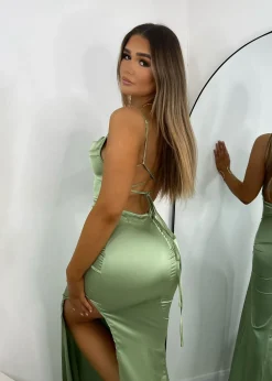 Women DressMeZee Dresses|Tiana Satin Split Gown - Mint