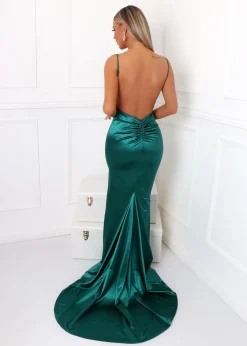 Women DressMeZee Dresses|Touch Of Glamour Satin Gown With Side Slit - Emerald Green