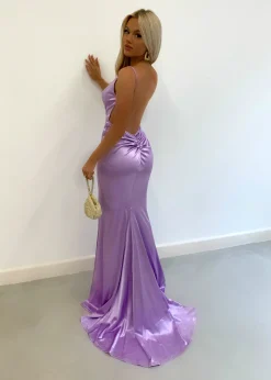 Women DressMeZee Dresses|Touch Of Glamour Satin Gown With Side Slit - Lilac