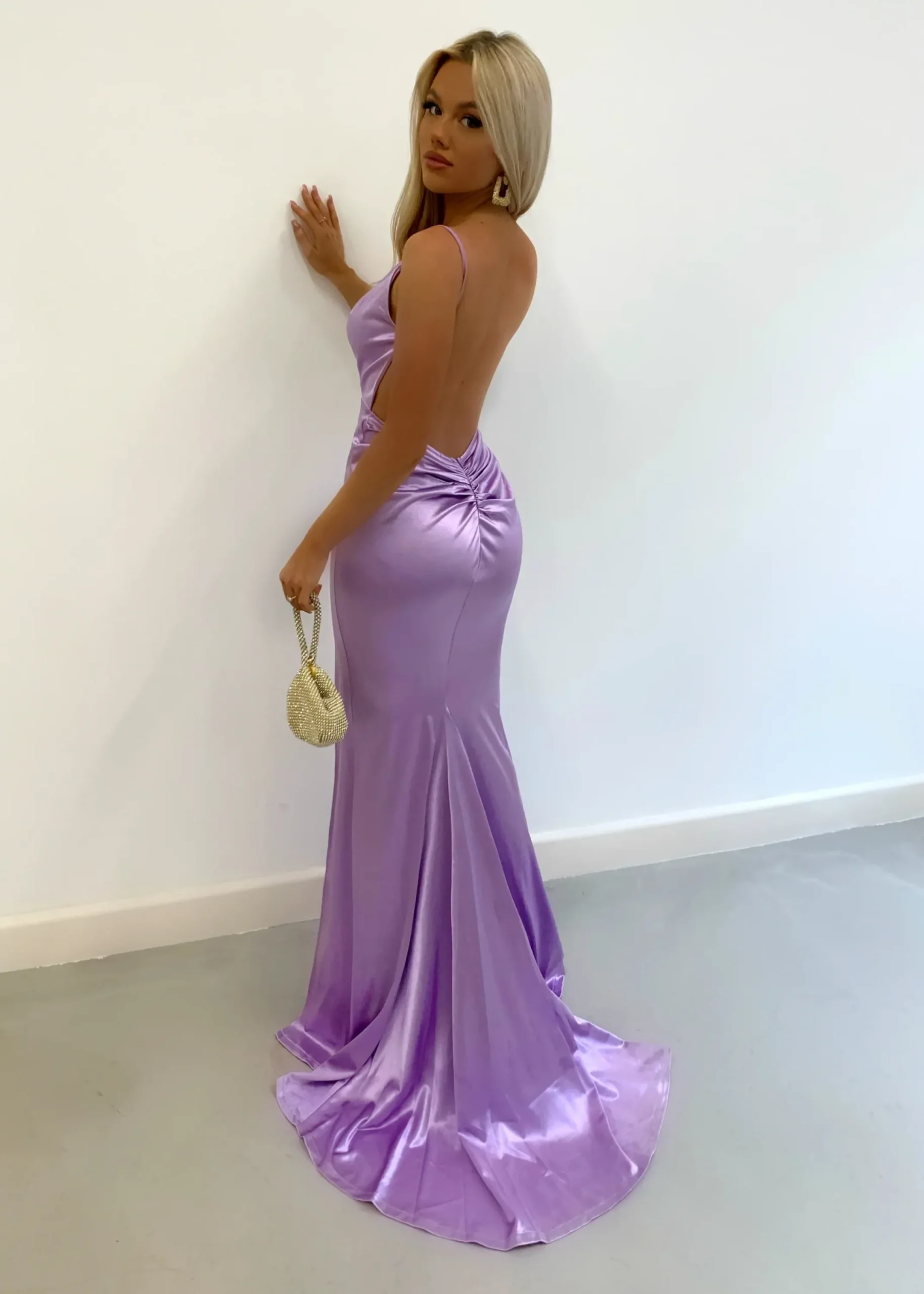 Women DressMeZee Dresses|Touch Of Glamour Satin Gown With Side Slit - Lilac