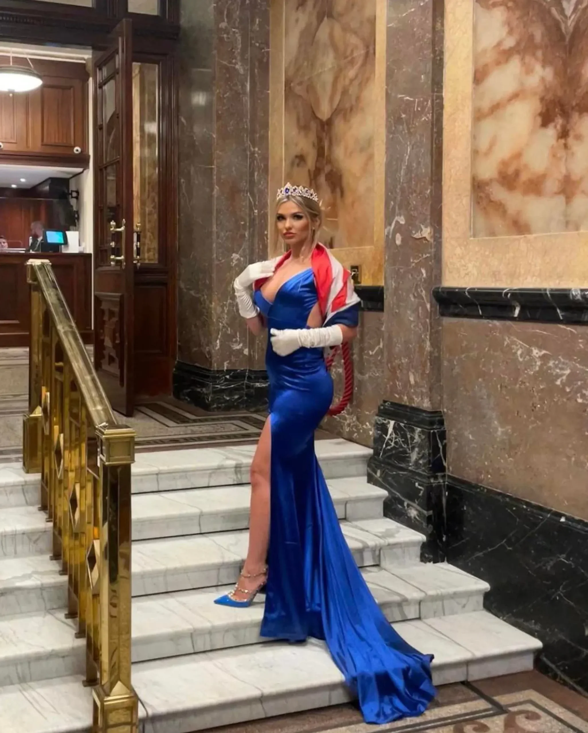 Women DressMeZee Dresses|Touch Of Glamour Satin Gown With Side Slit - Cobalt Blue