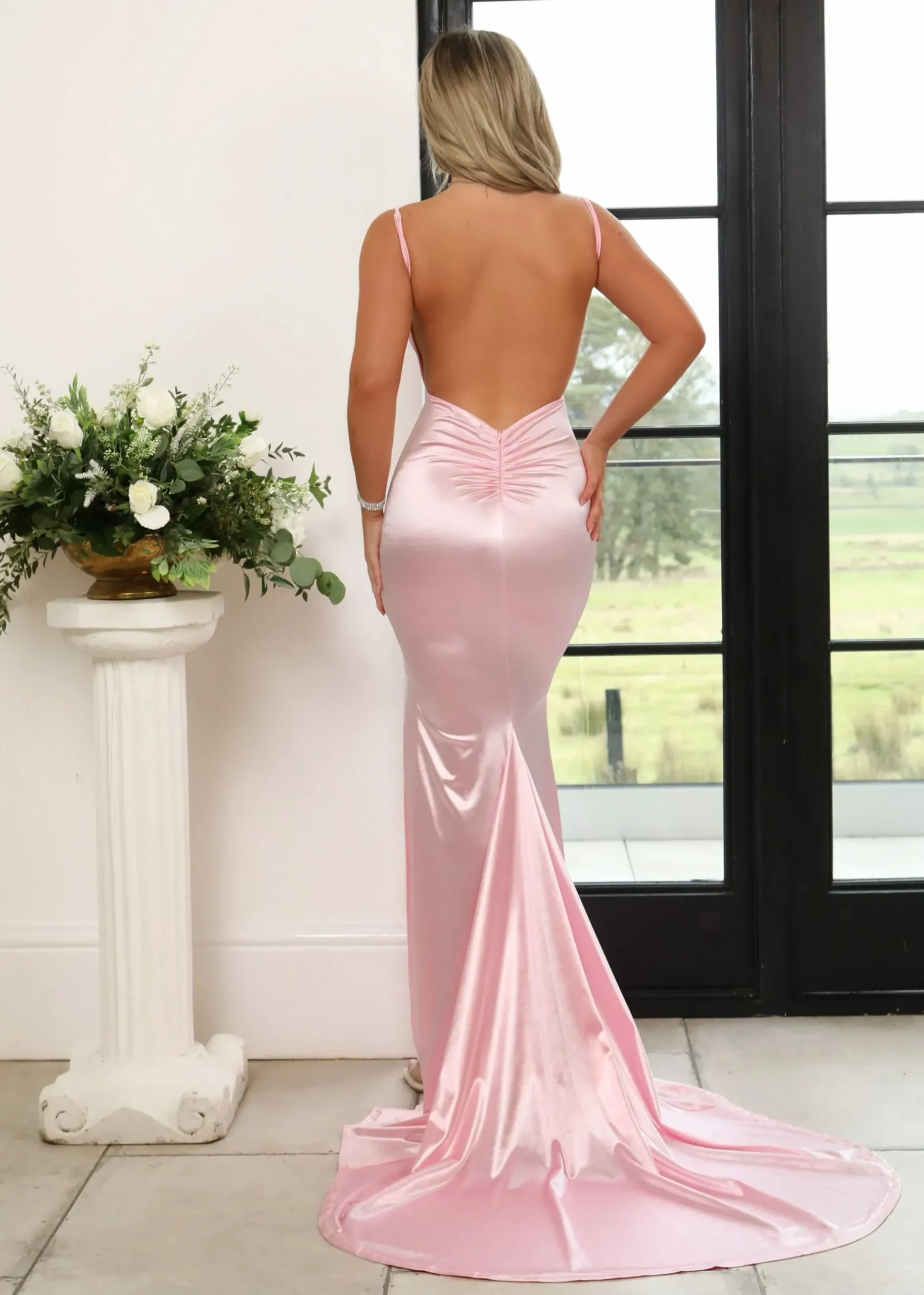 Women DressMeZee Occasion Wear|Touch Of Glamour Satin Gown With Side Slit - Pink