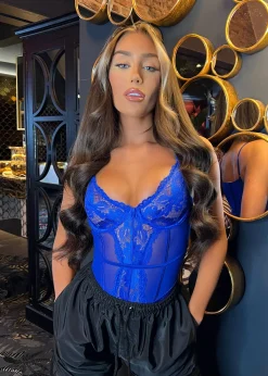 Women DressMeZee Tops / Bodysuits|Yolanda Lace Bodysuit - Cobalt Blue